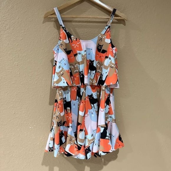 Cat Print Mod Romper Sleeveless Ruffle Padded Bra Pin Up Women’s Medium - Picture 9 of 14